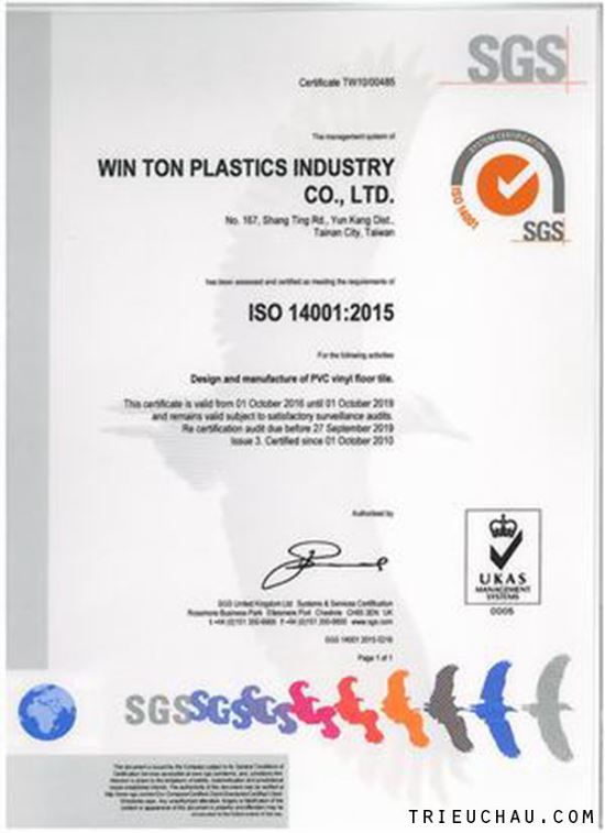 Chứng nhận ISO 14001 sàn nhựa giả gỗ Winton 2mm
